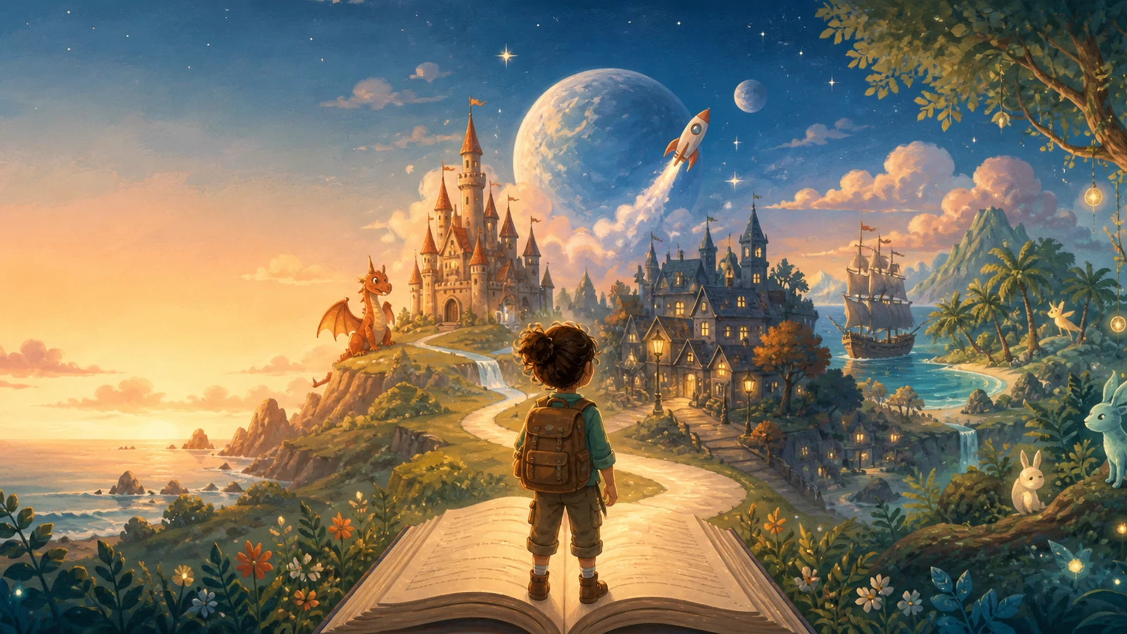 A young adventurer standing on an open book and looking toward a castle, moonlit town, island and enchanted forest